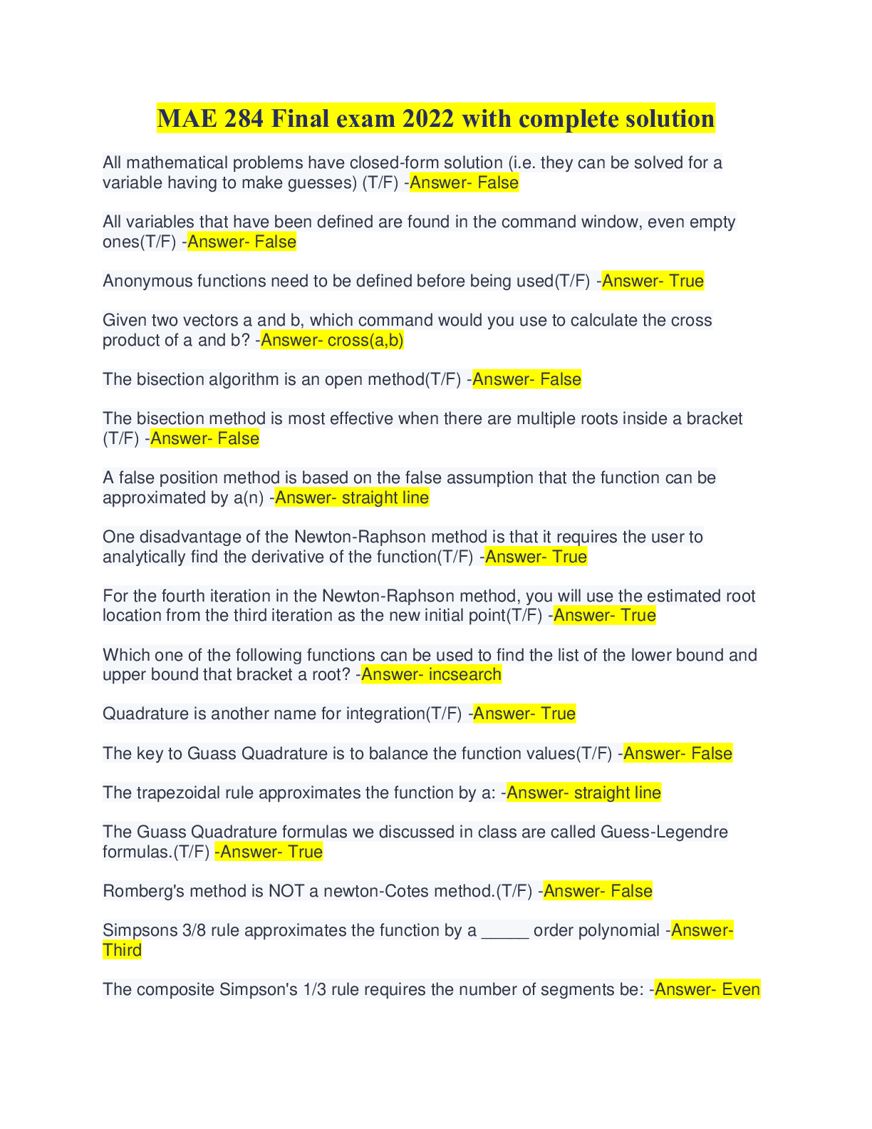 Preview image for MAE 284 Final exam 2022 with complete solution